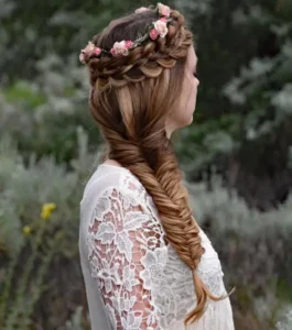 15 Dreamy Boho Braids for Festival Season 4 braid and flower crown with side fishtail