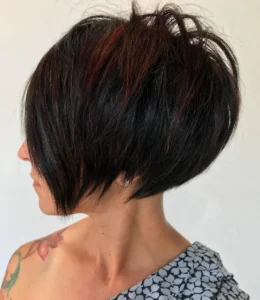 6. jet black textured bob with red accents ear length bob