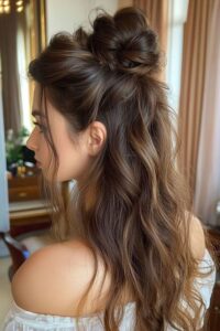 boho half up top knot style