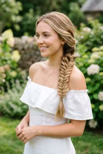 Baby Shower Hairstyles: Cute and Comfortable Ideas fishtail braid over one shoulder
