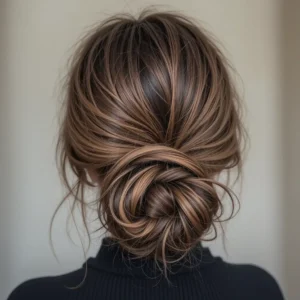 messy low bun with face framing strands