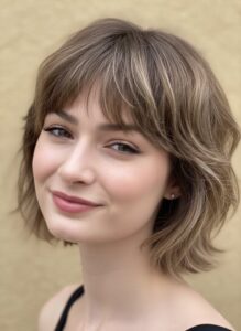 taupe ash brown wispy shag bob with micro fringe medium short haircut