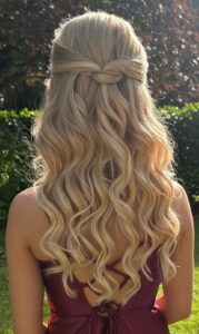 twisted half up waves with soft volume prom hairstyle