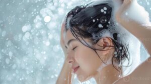 ai generated woman washing hair with shampoo and shower in bathroom asian female body and hair care with foam to freshness spa and health care photo