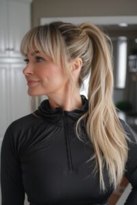 cute high ponytail with bangs for workout hairstyle