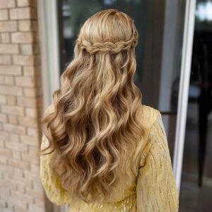 half braided headband with loose curls for prom night