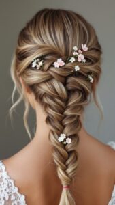 intricate fishtail braid with flowers