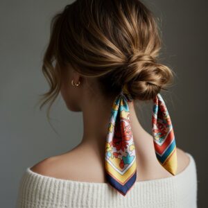 low messy bun with silk scarf