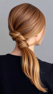 low sleek ponytail with hair wrap