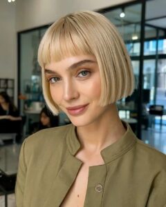micro bangs blonde bob style