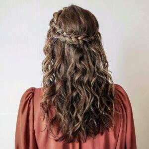 prom braided curly half up half down brunette hair