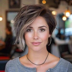 side swept short asymmetrical bob with bangs