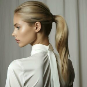 sleek low ponytail with a wrapped section free photo