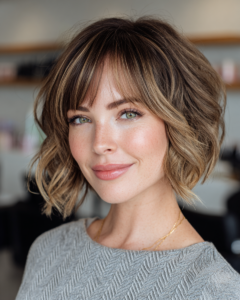 textured bob with flirty curtain bangs