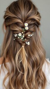 textured half up braid with floral accents 506x900