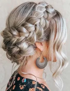 ways to style milkmaid braid hairstyle halo headband crown updo messy trend wavy