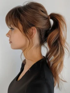 high ponytail with bangs