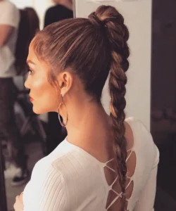 high ponytail with a wrapped braid
