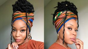 loc updo with decorative wraps