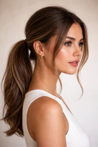 low ponytail with face framing pieces