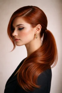 low ponytail with a deep side part