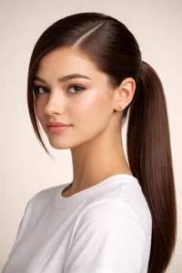 sleek ponytail with a deep side part