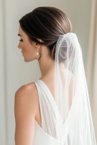 sleek low bun for a birdcage veil